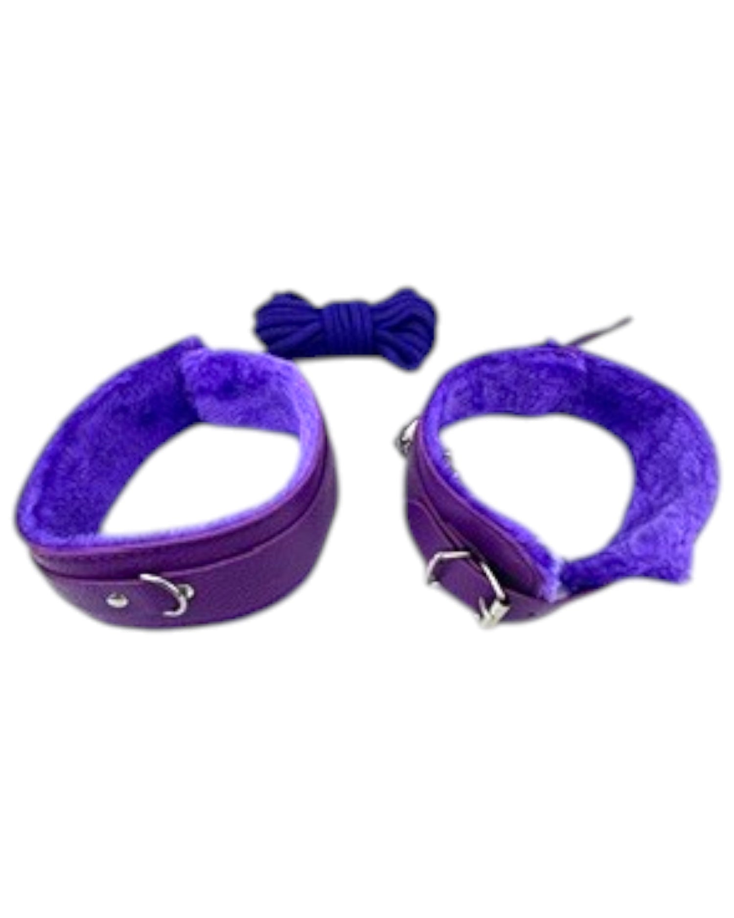 Kit de bondage Fetish Vibe de Glow&Vibe en morado, con esposas forradas de pelo sintético y cuerda.