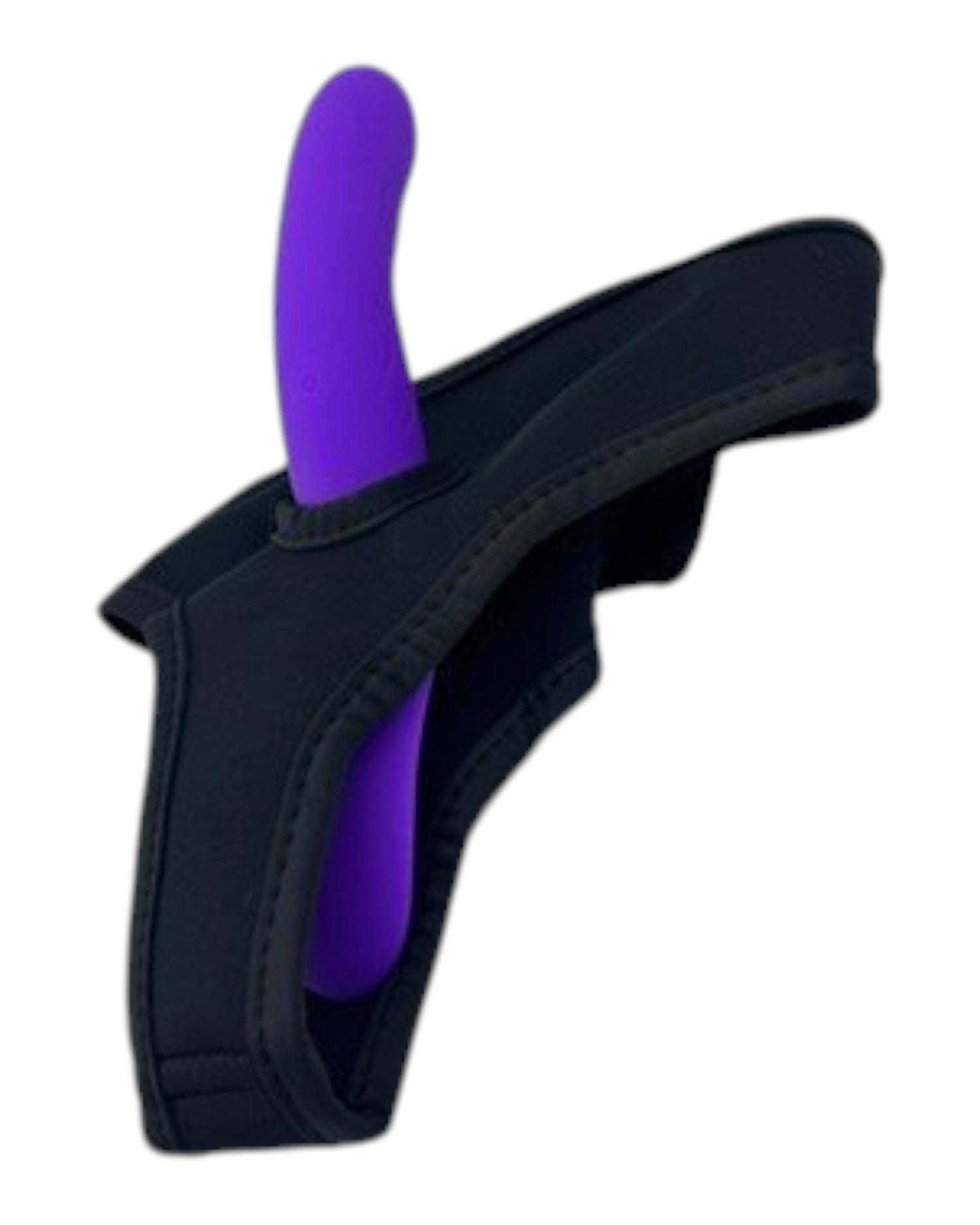 Arnés negro de silicona con dildo vibrador morado de 9 funciones, control remoto, para estimulación de pareja. Glow&Vibe.