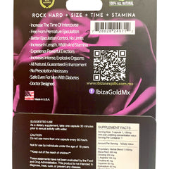 Parte posterior del empaque de Glow&Vibe Ibiza Gold con información nutricional, instrucciones de uso y advertencias