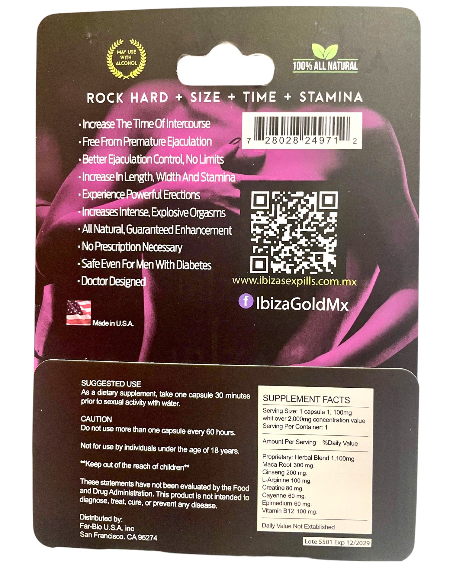 Parte posterior del empaque de Glow&Vibe Ibiza Gold con información nutricional, instrucciones de uso y advertencias