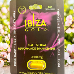 Empaque de Glow&Vibe Ibiza Gold, suplemento natural para mejorar el rendimiento sexual masculino con cápsula amarilla.