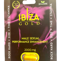 Empaque de Glow&Vibe Ibiza Gold, suplemento natural para mejorar el rendimiento sexual masculino con cápsula dorada.