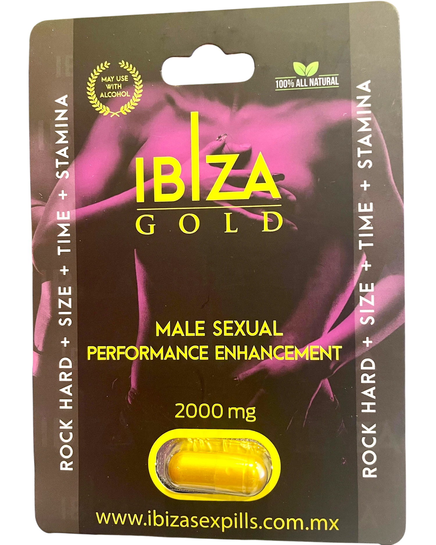 Empaque de Glow&Vibe Ibiza Gold, suplemento natural para mejorar el rendimiento sexual masculino con cápsula dorada.