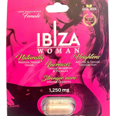 Cápsula potenciadora de libido femenina Ibiza Woman de Glow&Vibe en empaque rosa con información de ingredientes naturales