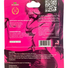 Parte posterior del empaque de Glow&Vibe Ibiza Woman, suplemento natural para la libido femenina con tabla nutricional
