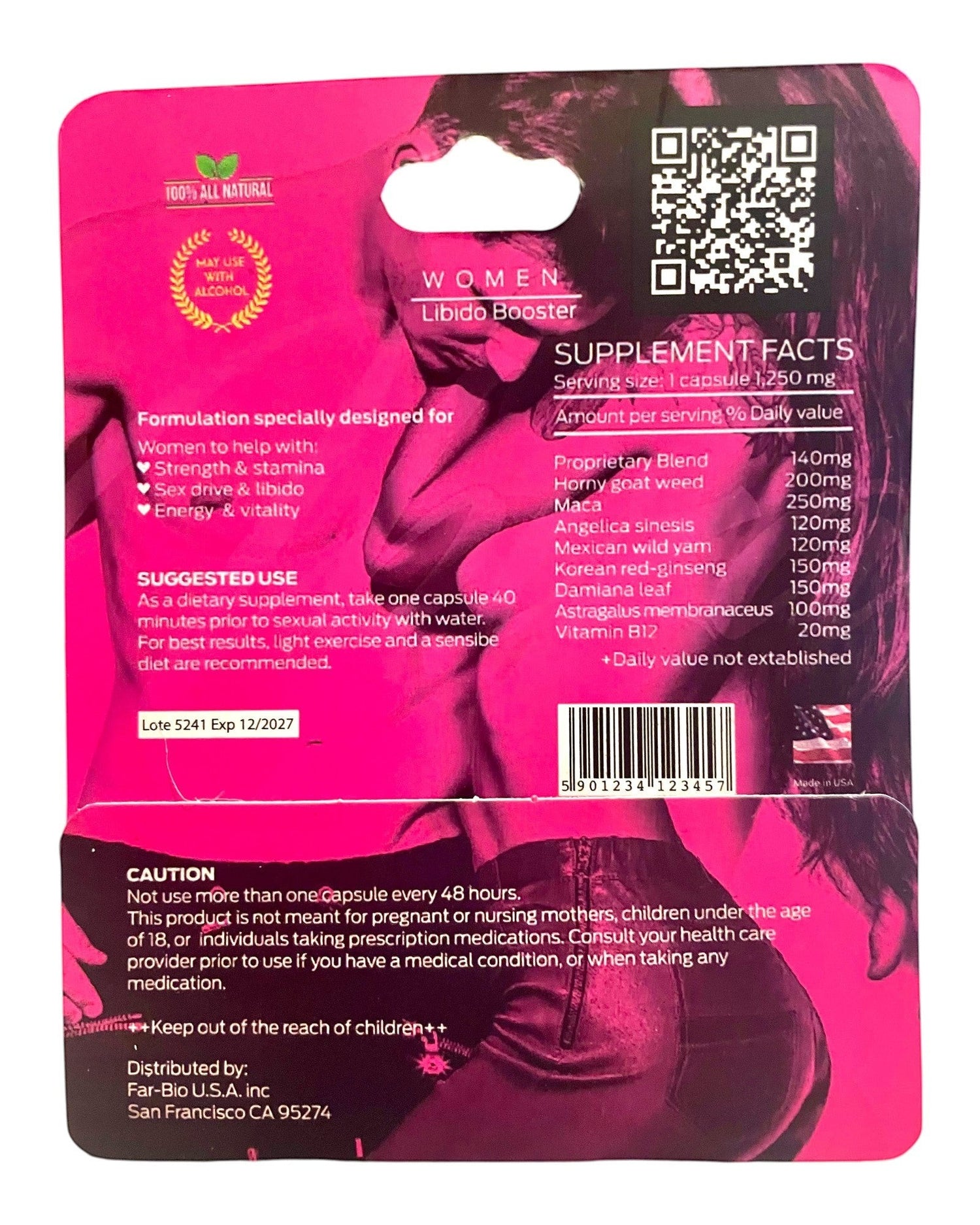 Parte posterior del empaque de Glow&Vibe Ibiza Woman, suplemento natural para la libido femenina con tabla nutricional