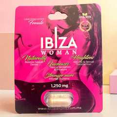 Empaque rosa de Glow&Vibe Ibiza Woman, suplemento natural para potenciar la libido femenina con cápsula visible