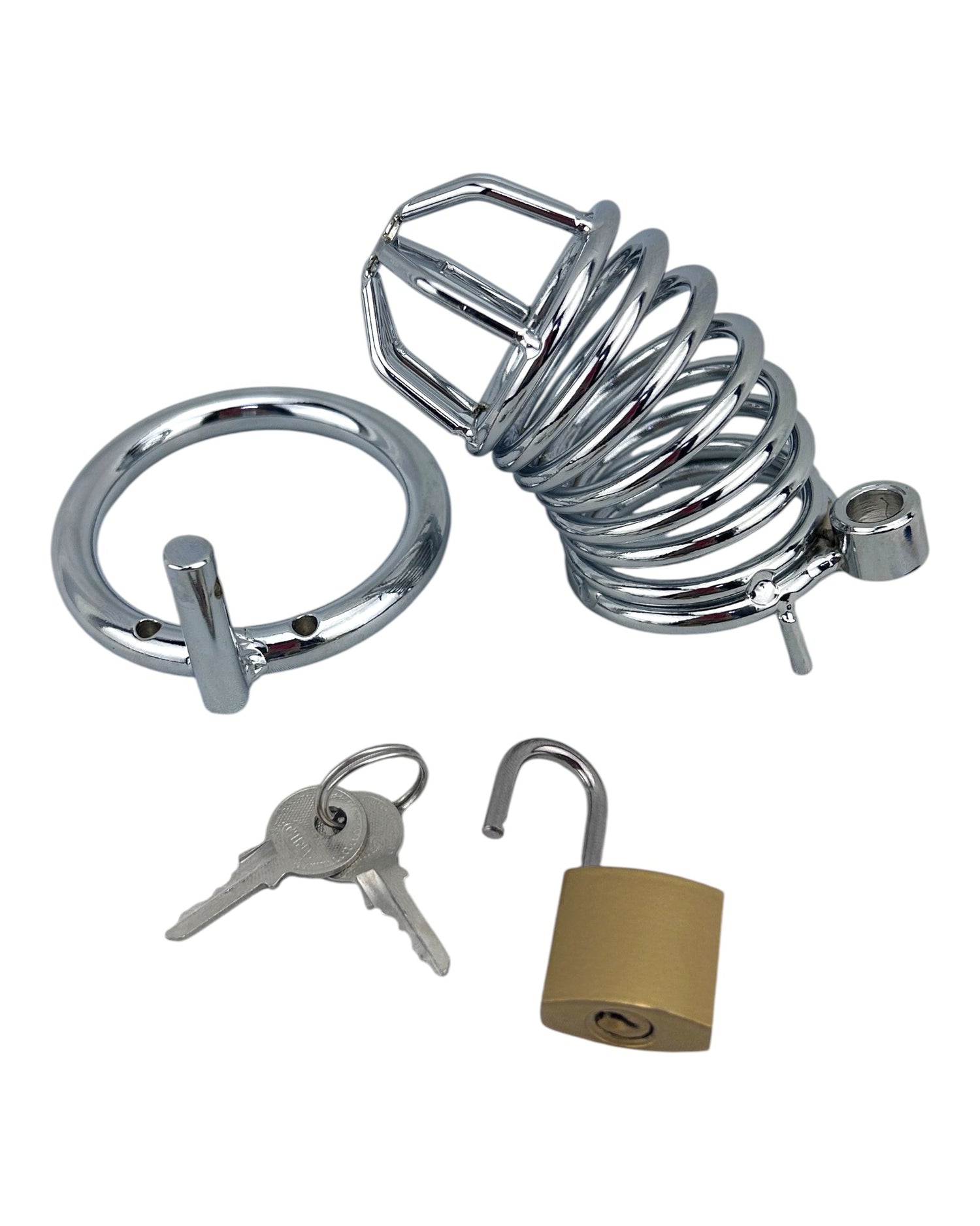 Jaula de pene de metal pulido Glow&Vibe con aro para testículos y candado con llave. Acero resistente para control y sumisión.