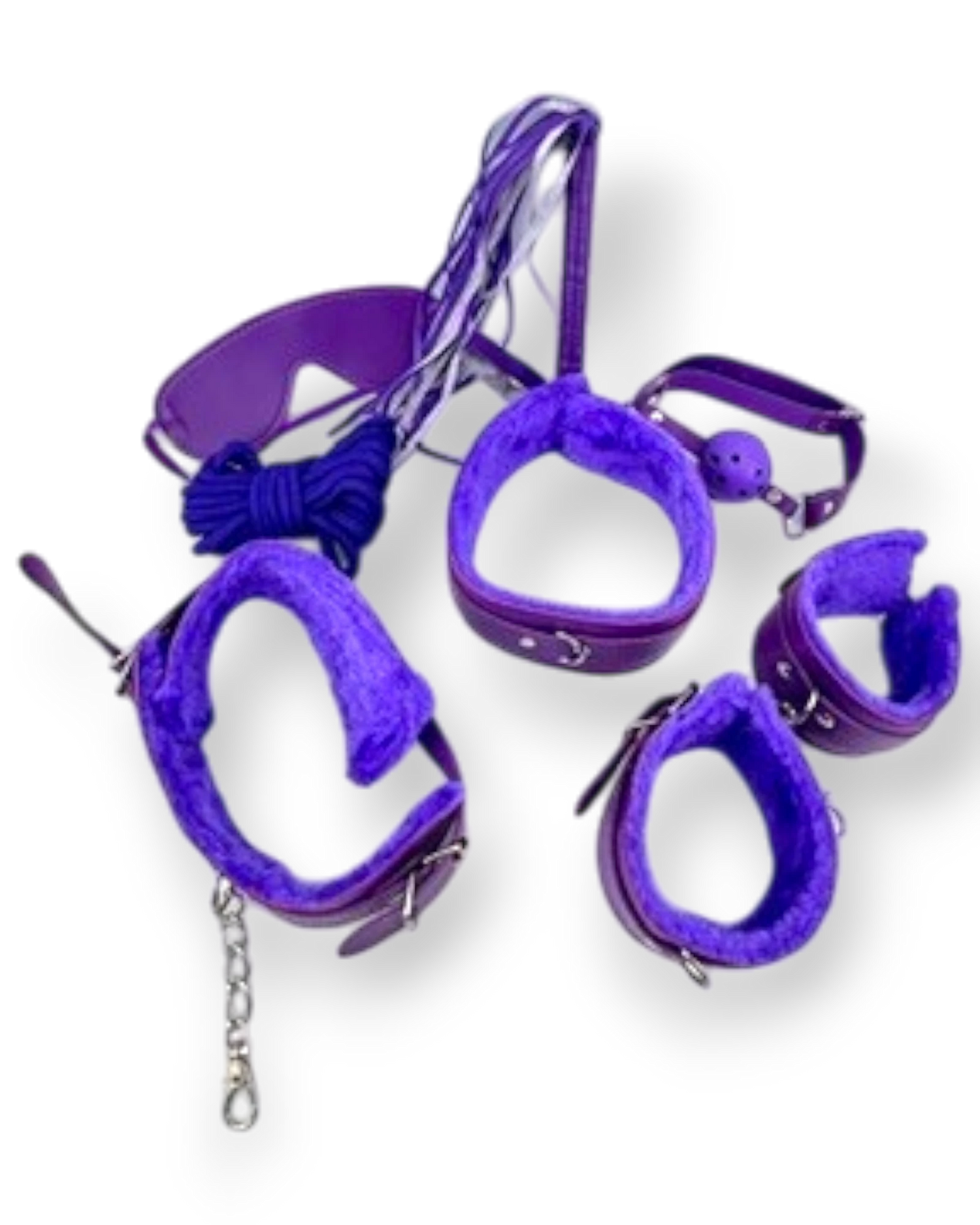 Kit de bondage morado de Glow&Vibe con esposas, collar, antifaz, cuerda, látigo y mordaza.