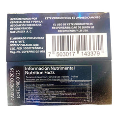 Información nutricional y detalles de fabricación en el empaque del suplemento Power Intense Caps de Glow&Vibe