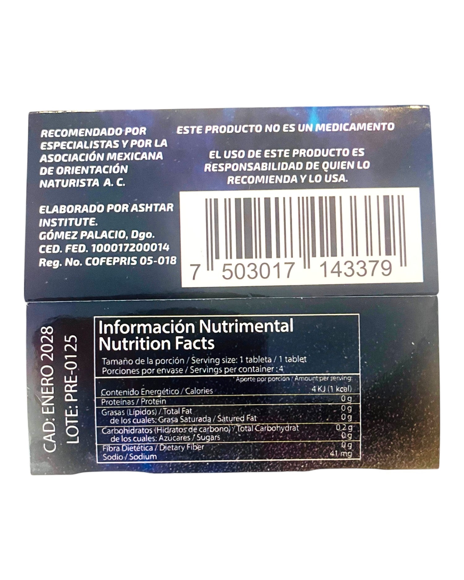 Información nutricional y detalles de fabricación en el empaque del suplemento Power Intense Caps de Glow&Vibe
