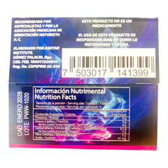 Información nutricional en el empaque de Power Intense Caps de Glow&Vibe con diseño azul y rosa neón