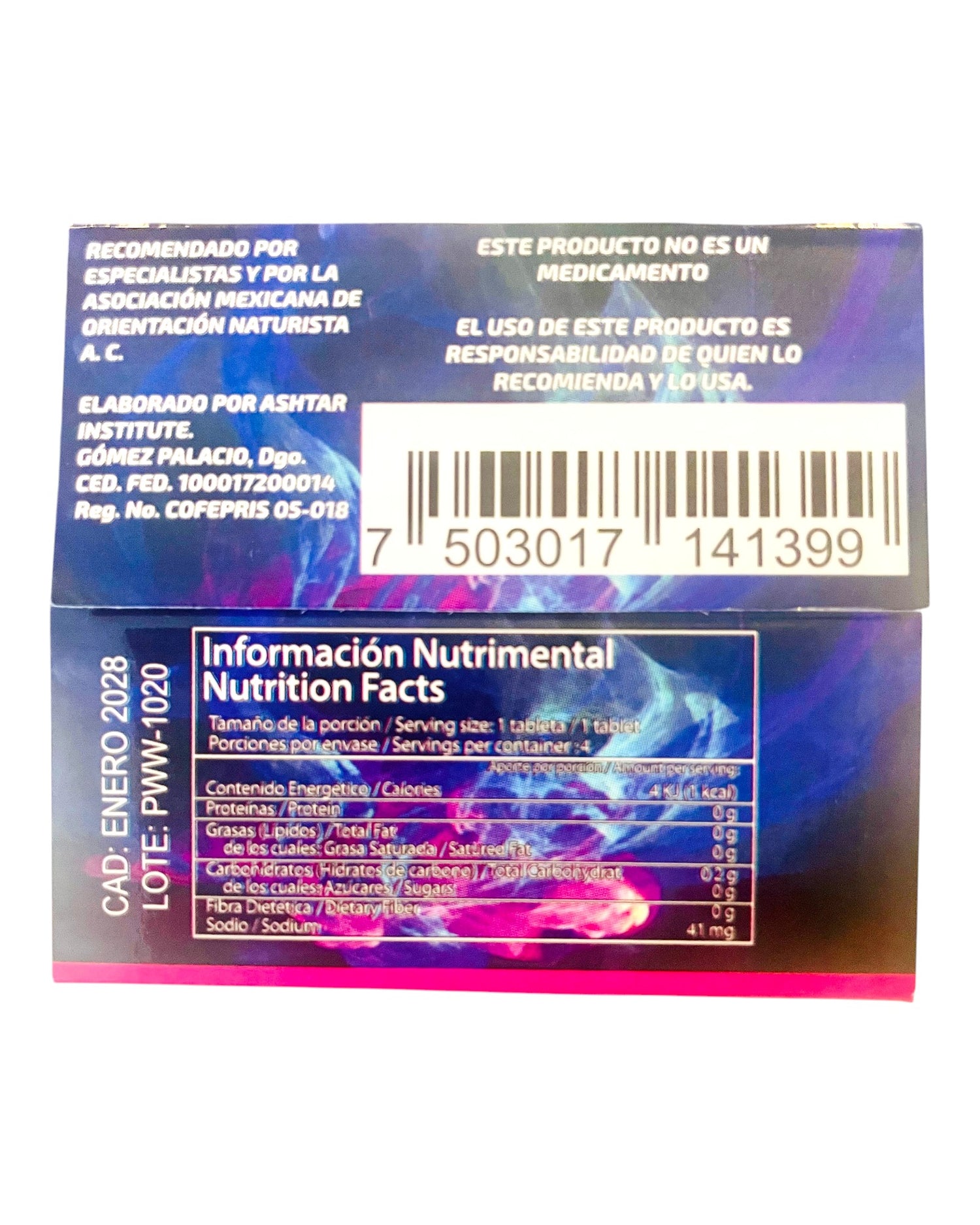 Información nutricional en el empaque de Power Intense Caps de Glow&Vibe con diseño azul y rosa neón