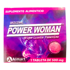 Suplemento alimenticio Glow&Vibe Power Woman en tableta de 500 mg para vitalidad y energía femenina en empaque morado