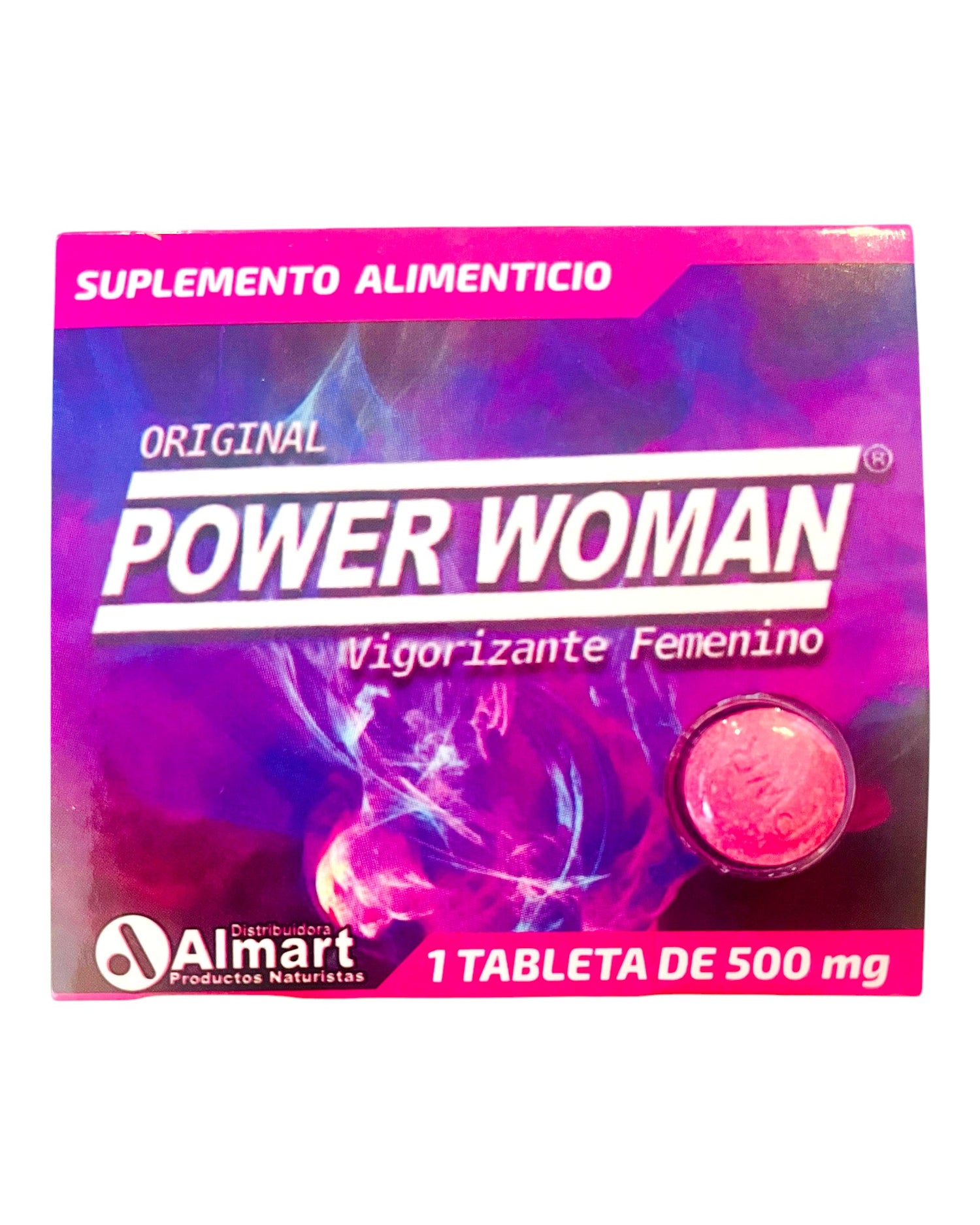 Suplemento alimenticio Glow&Vibe Power Woman en tableta de 500 mg para vitalidad y energía femenina en empaque morado