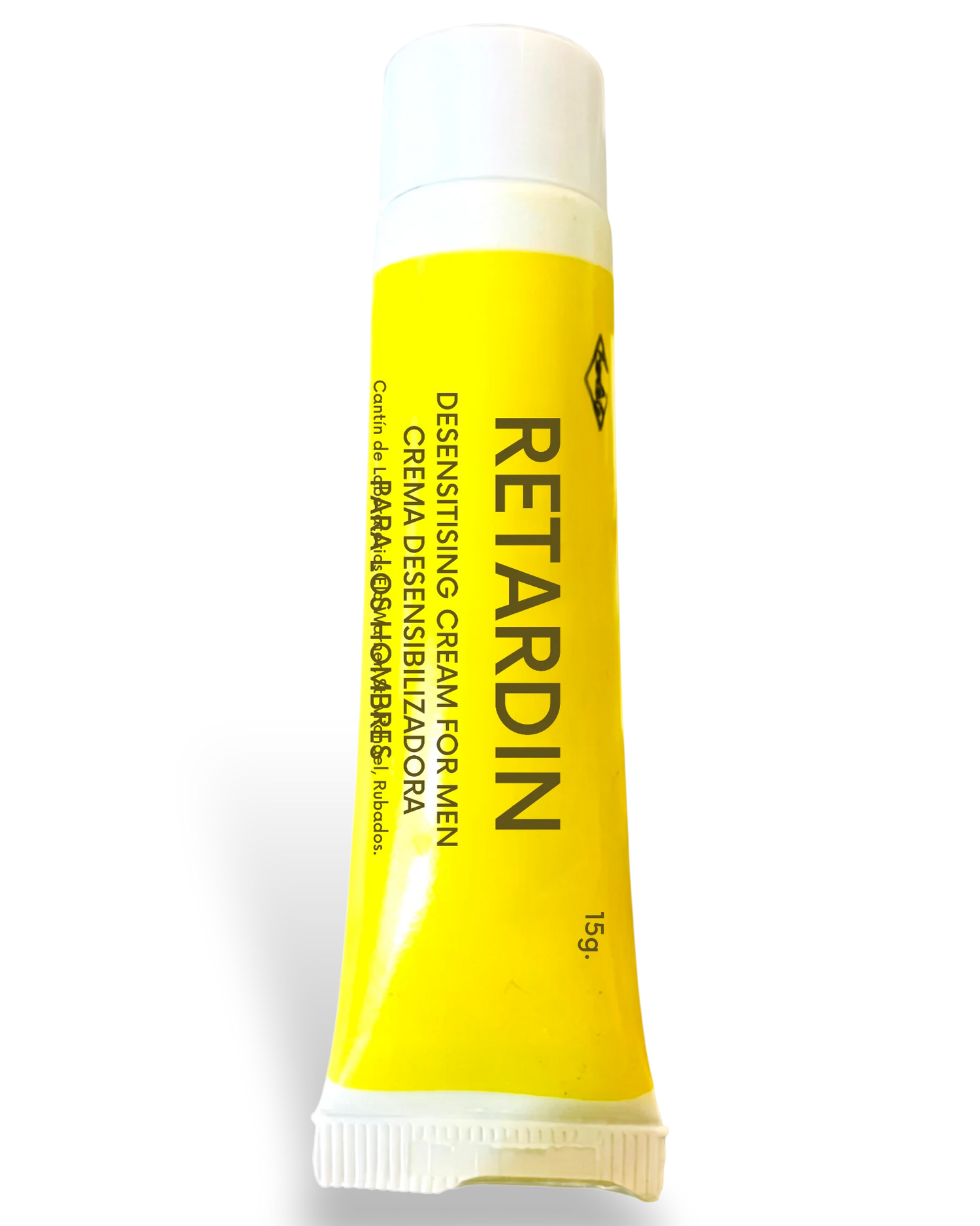 Tubo de crema retardante masculina Glow&Vibe Retardin de 15g con envase amarillo para mayor control y duración