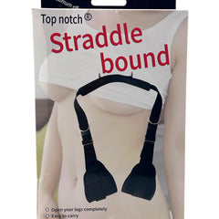 Glow&Vibe Straddle Bound cinturón ajustable negro con soportes para cuello y piernas para placer.