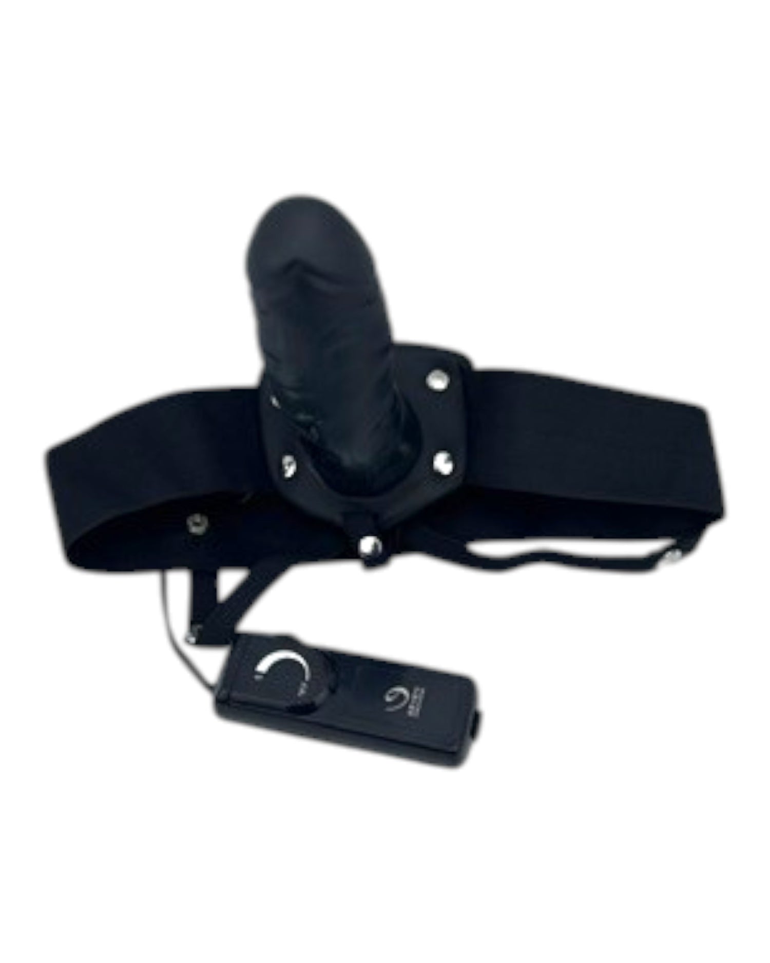 Arnés de strap-on negro de Glow&Vibe con funda realista y control de vibración por cable.
