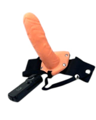 Strap-on Robotic Male de Glow&Vibe en color piel y negro, con funda realista y control de vibración alámbrico.