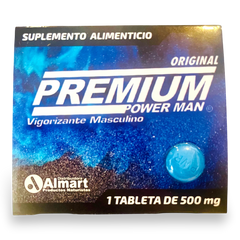 Suplemento alimenticio Glow&Vibe Power Intense Caps, tableta vigorizante masculina de 500 mg en caja azul brillante.