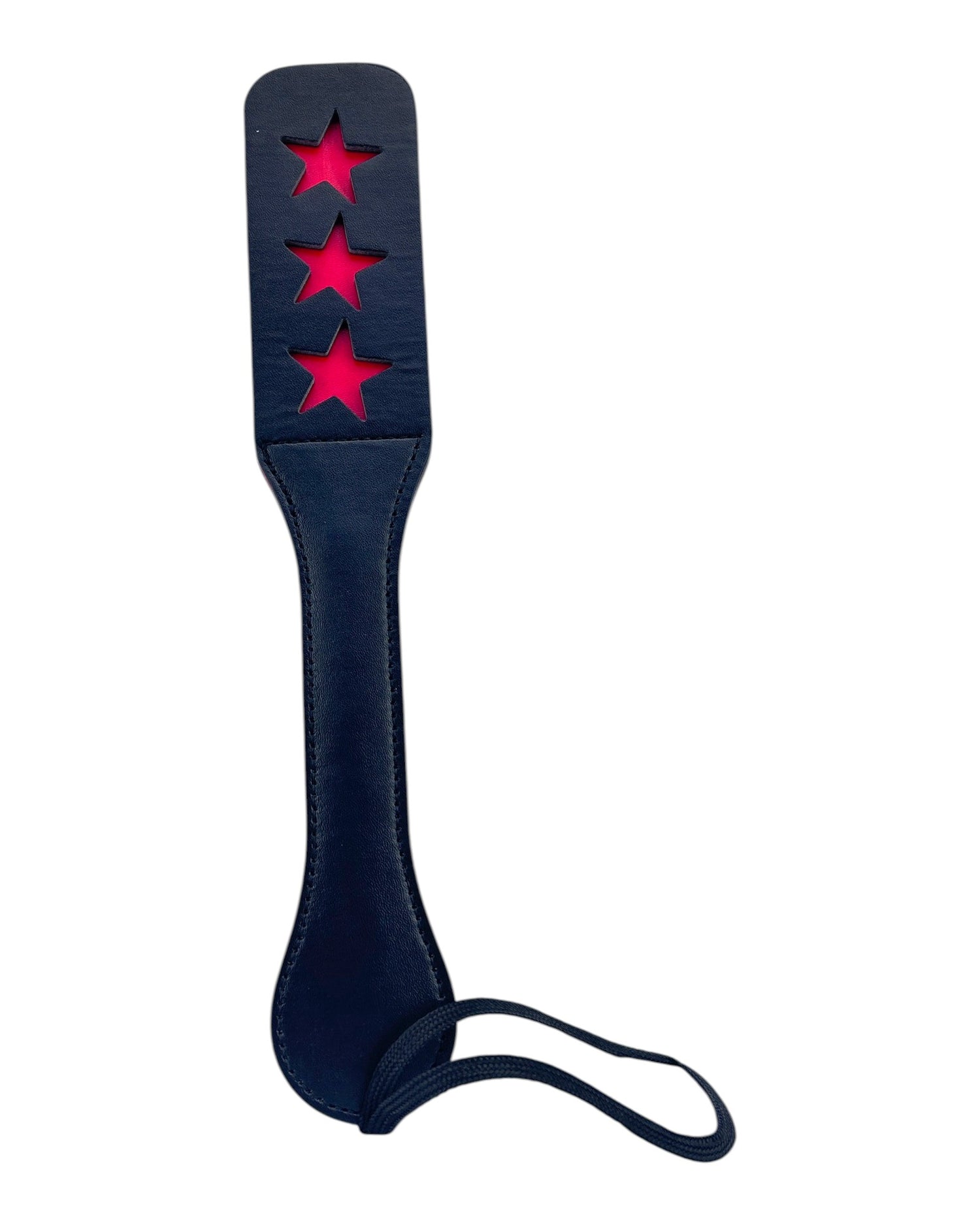 Glow & Vibe XOXO Paddle de cuero sintético negro con recortes de estrellas fucsia y correa para colgar.