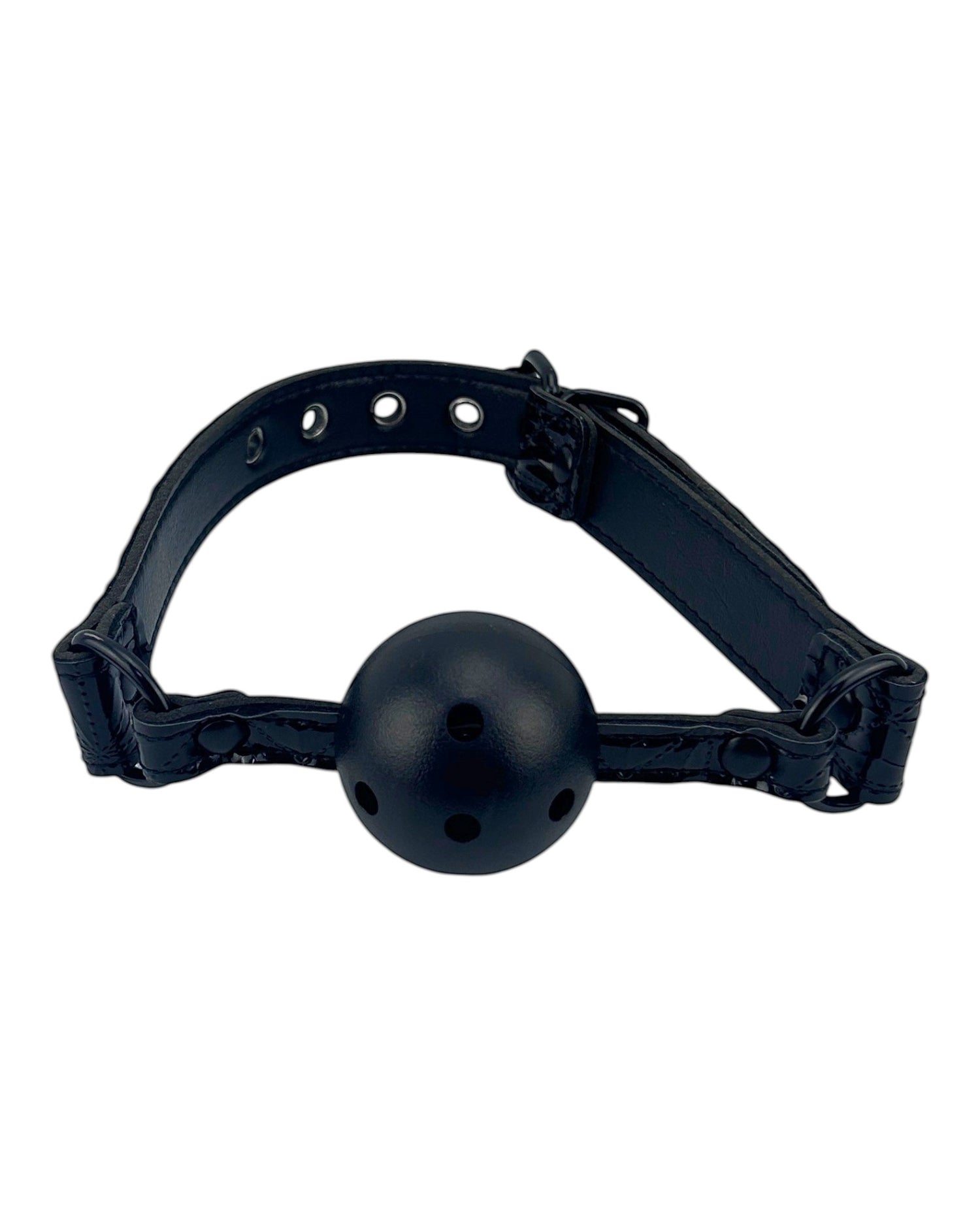 Glow&Vibe Aphro Gag mordaza bucal negra de cuero sintético con pelota rígida perforada de 4 cm.