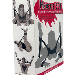 Glow&Vibe Hogtie Desire arnés negro de velcro para 5 puntos con soporte de cuello y esposas para manos y pies.