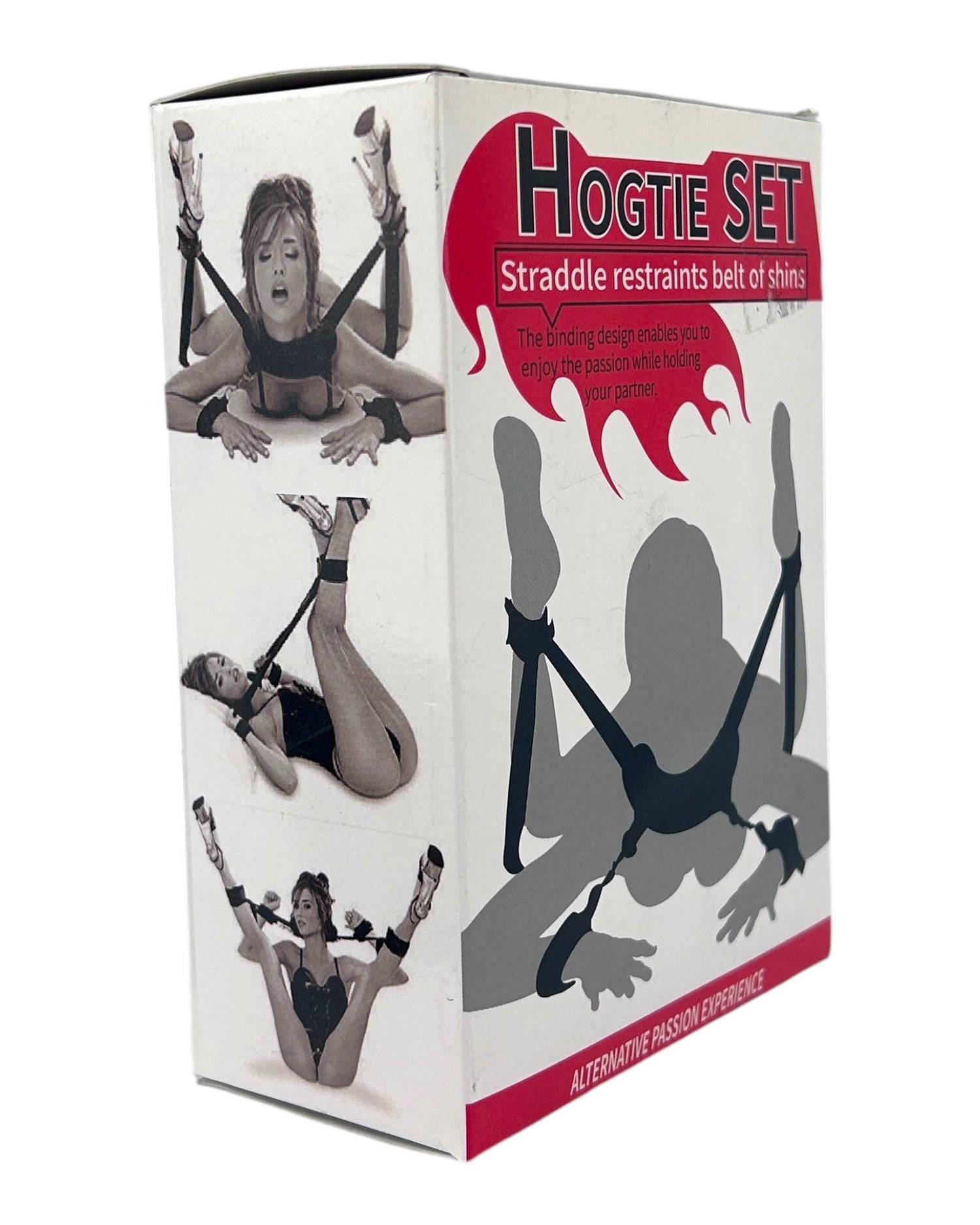 Glow&Vibe Hogtie Desire arnés negro de velcro para 5 puntos con soporte de cuello y esposas para manos y pies.