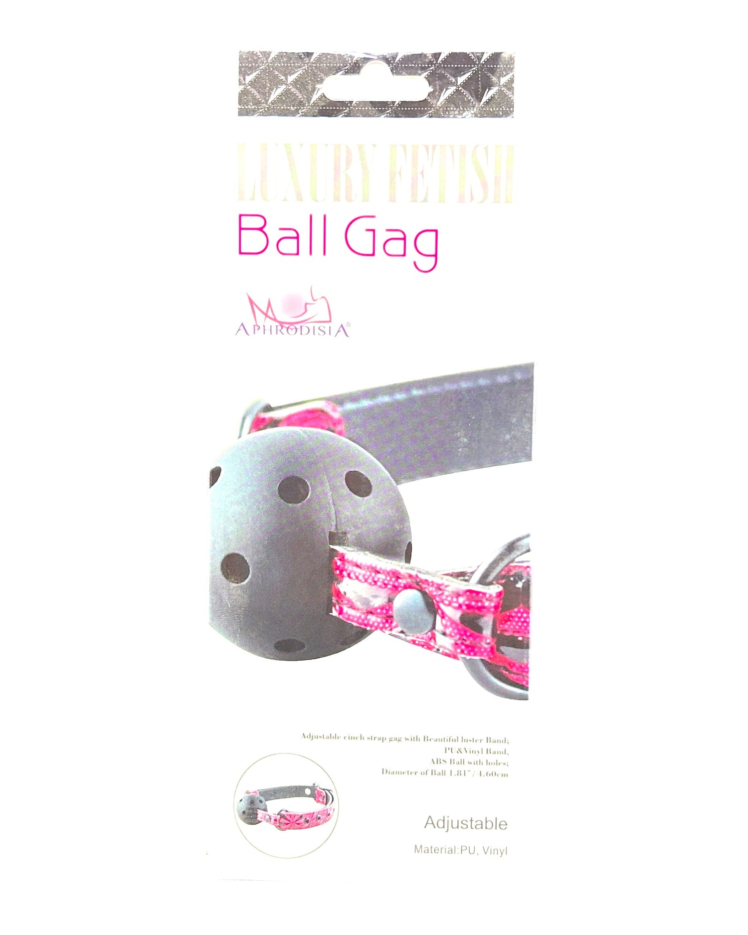 Glow&Vibe Luxury Fetish Ball Gag con correa ajustable de cuero sintético y pelota rígida perforada negra.