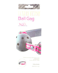Glow&Vibe Luxury Fetish Ball Gag con correa ajustable de cuero sintético y pelota rígida perforada negra.