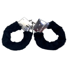 Glow&Vibe esposas negras de metal con cubierta de peluche extraíble, ideales para juegos de restricción.