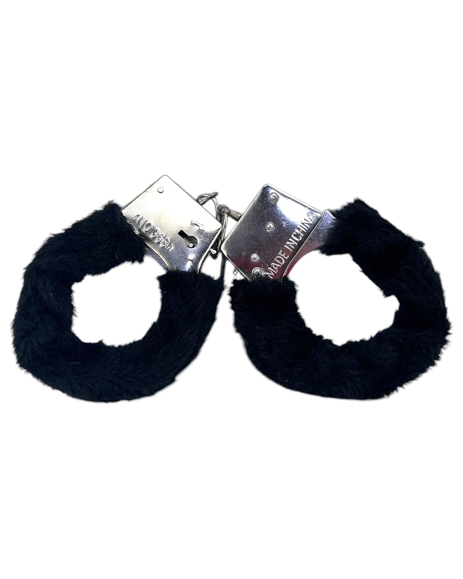 Glow&Vibe esposas negras de metal con cubierta de peluche extraíble, ideales para juegos de restricción.