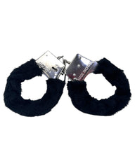 Glow&Vibe esposas negras de metal con cubierta de peluche extraíble, ideales para juegos de restricción.