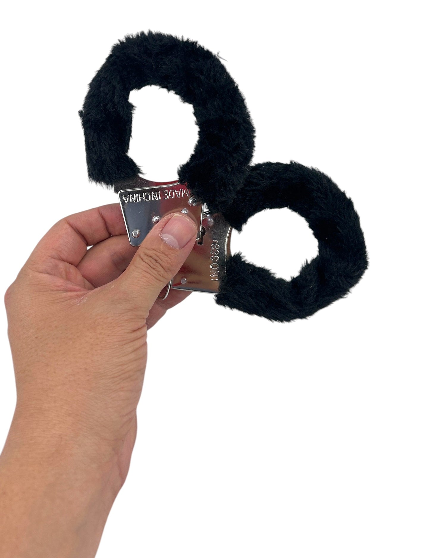 Glow&Vibe esposas negras de metal con cubierta de peluche extraíble, para juegos de restricción.