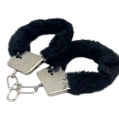 Glow&Vibe esposas negras de metal con cubierta de peluche removible, ideales para juegos de restricción.