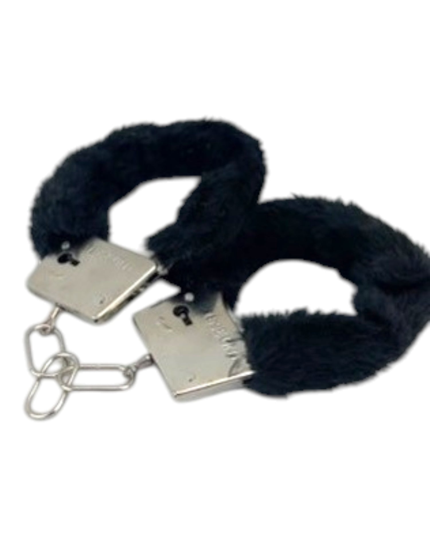 Glow&Vibe esposas negras de metal con cubierta de peluche removible, ideales para juegos de restricción.