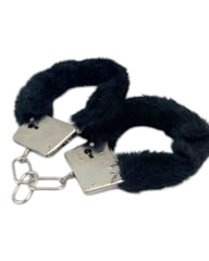 Glow&Vibe esposas negras de metal con cubierta de peluche removible, ideales para juegos de restricción.
