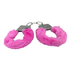 Glow&Vibe esposas de metal rosa con cubierta de peluche removible, ideales para juegos de restricción.