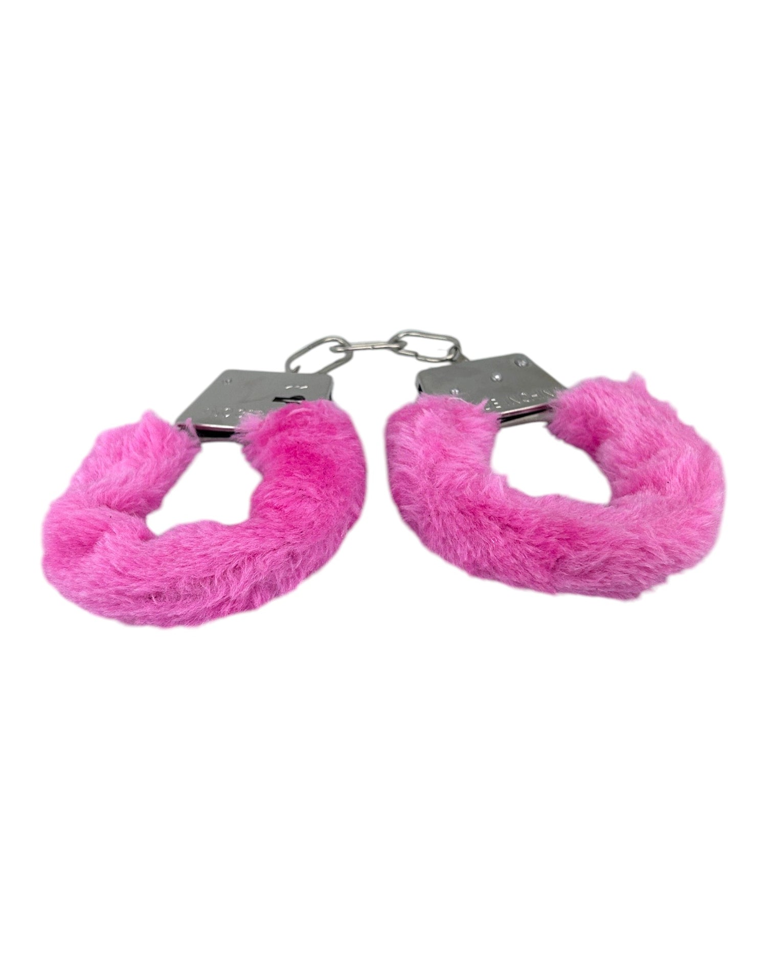 Glow&Vibe esposas de metal rosa con cubierta de peluche removible, ideales para juegos de restricción.