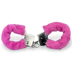 Glow&Vibe esposas de metal con cubierta de peluche rosa extraíble, para juegos de restricción suave.