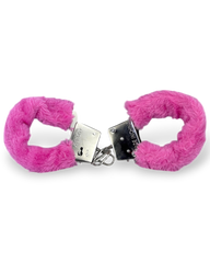 Glow&Vibe esposas de metal con cubierta de peluche rosa extraíble, para juegos de restricción suave.