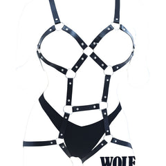 Arnés corporal completo negro de vinilo de Glow&Vibe con correas ajustables y detalles metálicos.
