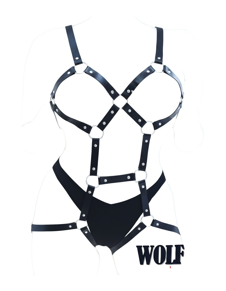 Arnés corporal completo negro de vinilo de Glow&Vibe con correas ajustables y detalles metálicos.