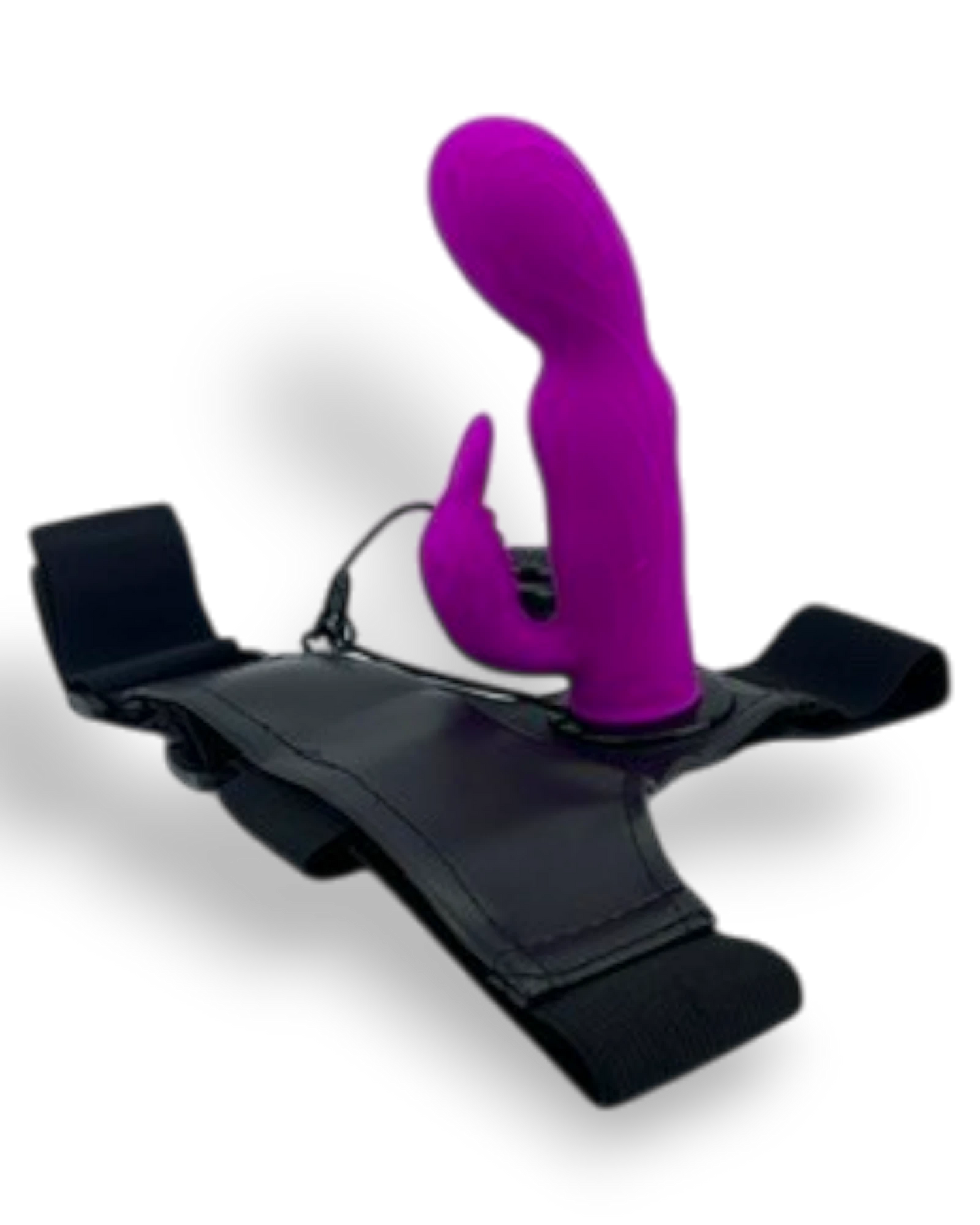 Arnés negro ajustable de Glow&Vibe con dildo de silicona morado texturizado y estimulador de clítoris integrado.