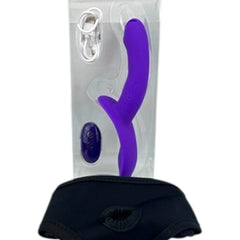 Arnés morado de silicona Pretty Beauty de Glow&Vibe con dildo texturizado, control remoto y cable USB. Incluye arnés negro.