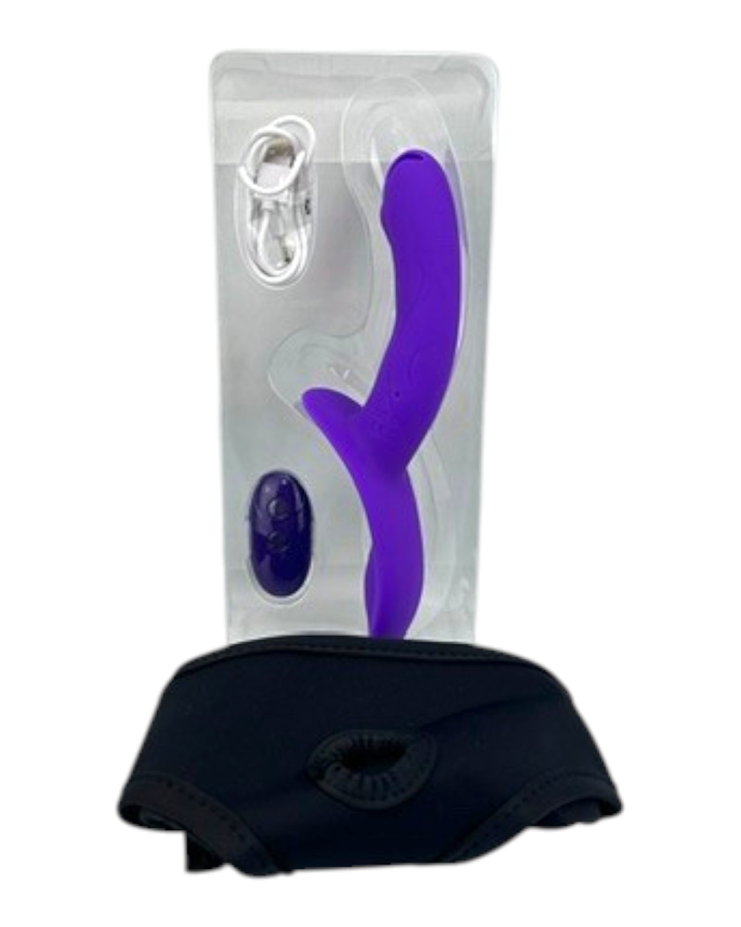 Arnés morado de silicona Pretty Beauty de Glow&Vibe con dildo texturizado, control remoto y cable USB. Incluye arnés negro.