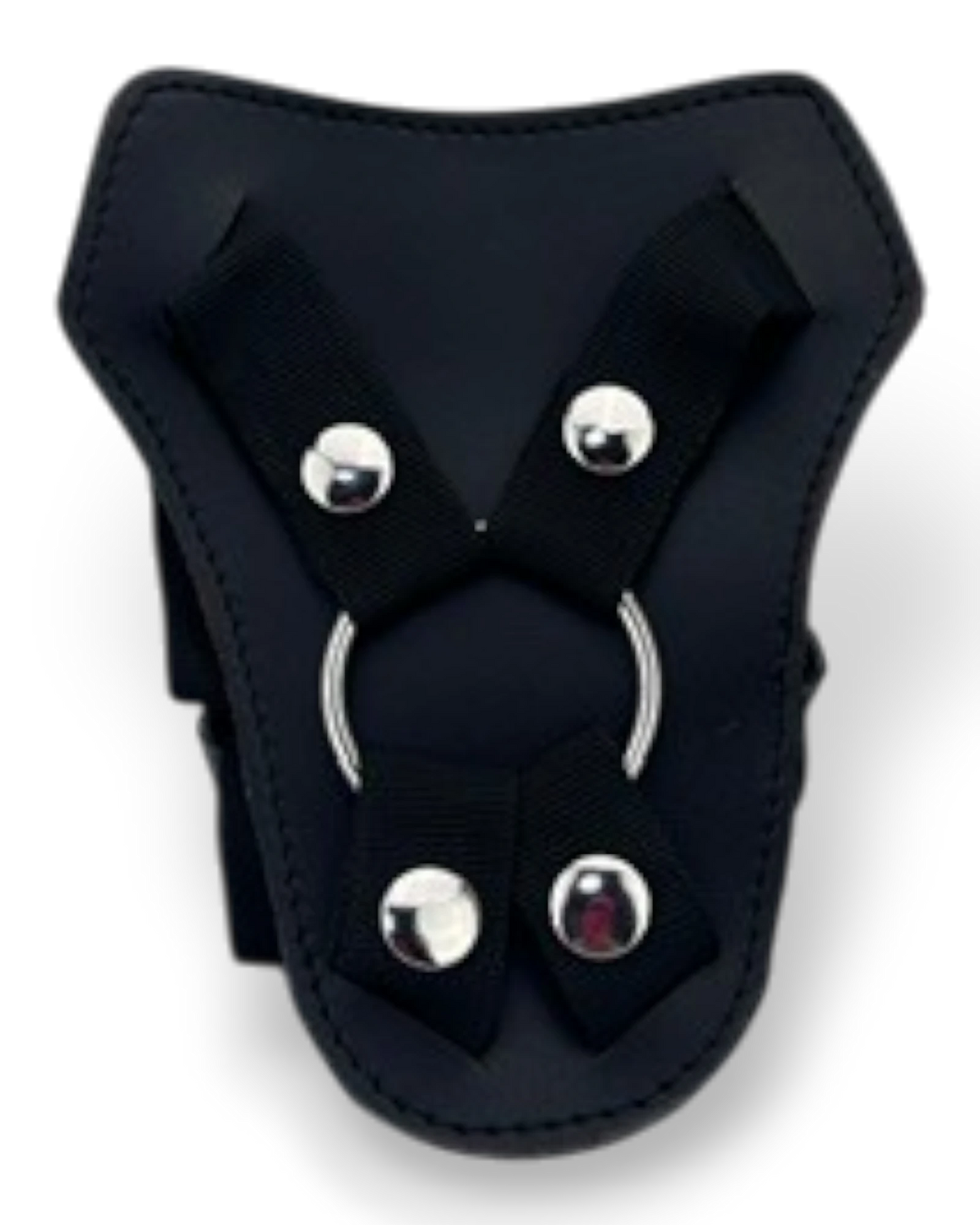 Arnés Nyl Control de Glow&Vibe en negro, ajustable de nailon, con anilla metálica central para accesorios.