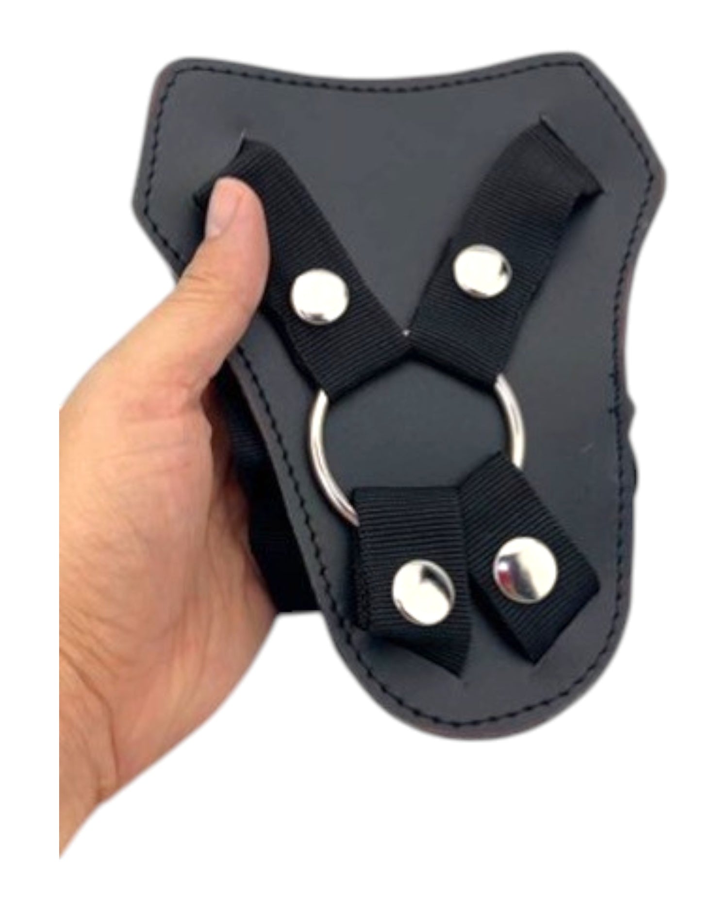Arnés Nyl Control de Glow&Vibe en negro, ajustable de nailon con anilla metálica para dildos.