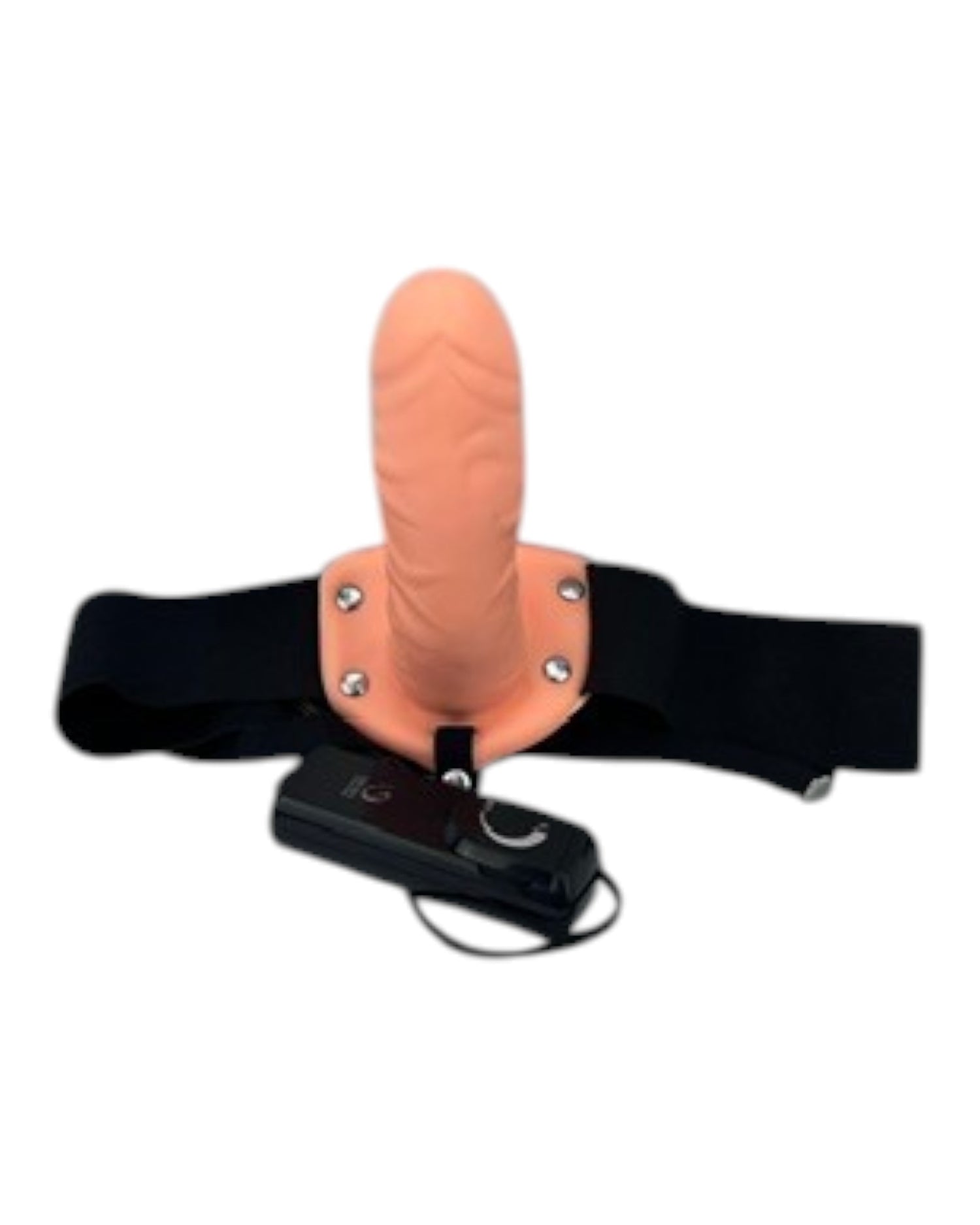 Arnés ajustable negro de Glow&Vibe con vibrador realista color piel y control remoto con cable.