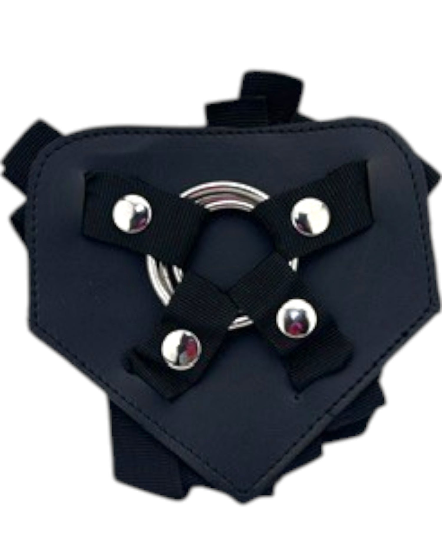 Arnés Triple Control de Glow&Vibe en nylon negro con triple anillo metálico y tiras ajustables para sujeción segura.